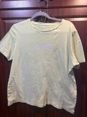 Talbots Light Yellow Short-Sleeve Crewneck Top with Dragonfly Motif